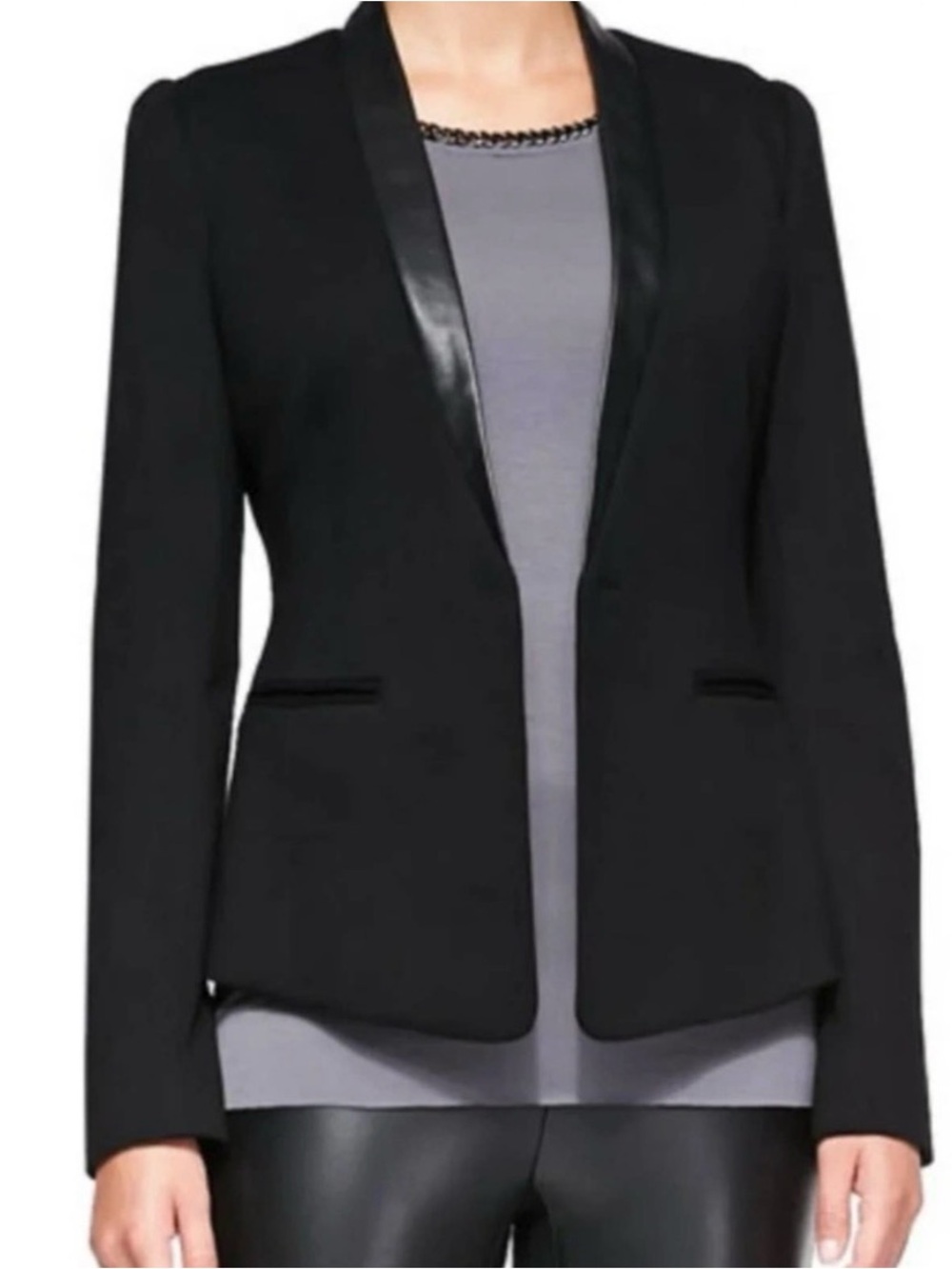 NWT Bailey 44 Black Faux-Leather Trim Women's Tuxedo Junction Blazer Jacket L